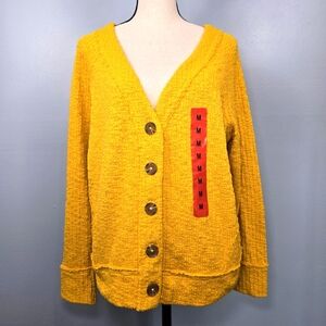 Two by Vince Camuto Yellow Textured V Neck Button Up Cardigan Sweater Size M NWT